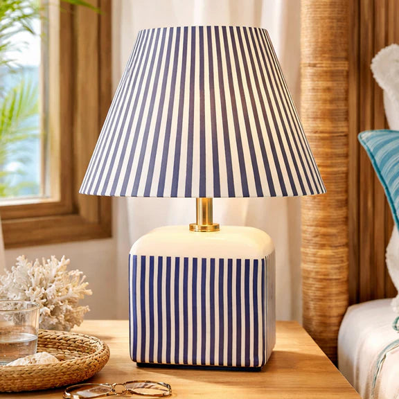 Amaris Ceramic Stripped Table Lamp - Blue