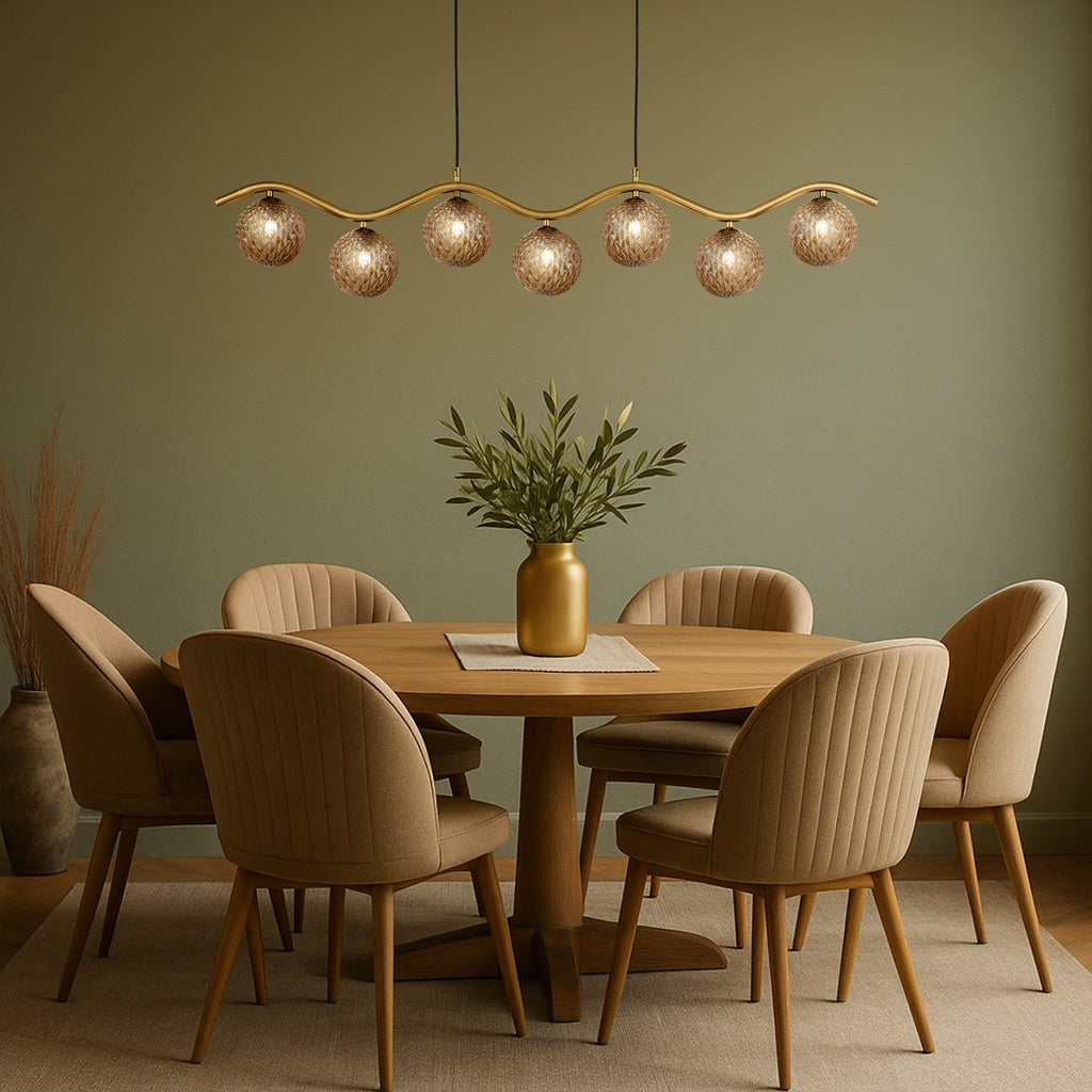 Orton 7 Light Pendant Light - Antique Gold/Amber Glass