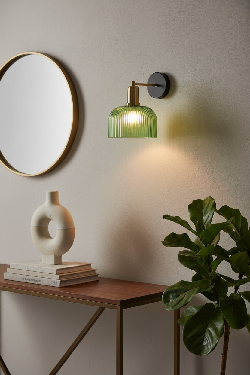 Vintaj2w Wall light with Green glass and A/B Metal ware
